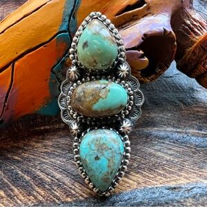 925 Sterling Silver Kingman Turquoise Triple Stone Crawler Ring Size 8